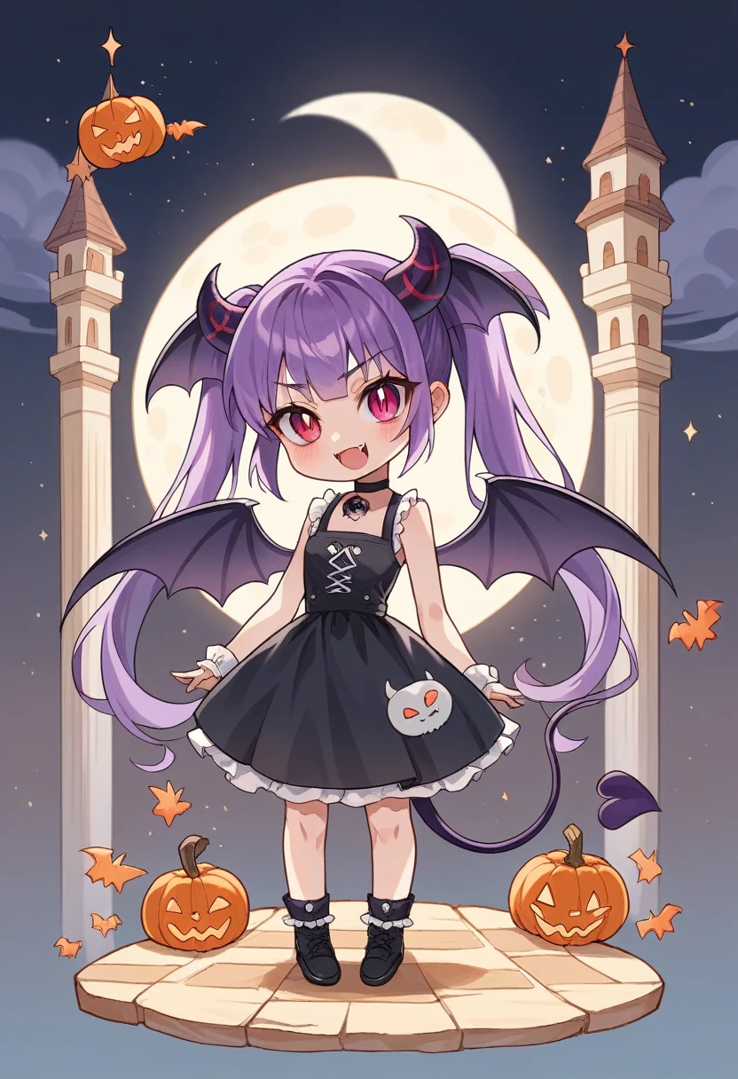 （masterpiece,16K), （Halloween),（🎃🎃🎃🎃🎃)（🍬🍬🍬🍬🍬)（🍫🍫🍫🍫🍫)nsfwfemale naked, loli,emon, looking at viewer, twintail, deviltail,（purple hair)（odd eyes,), chibi, slim, 10-yearld,th baings,frontback,break), cute face, with a full moon, with a castle, at midnight, 2d anime, chibi anime, full body nakedshot