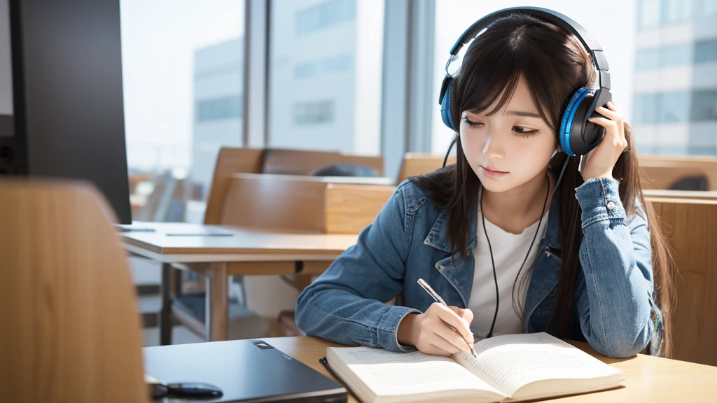 Beautiful girl studying while listening to music with headphones。Anime Style。