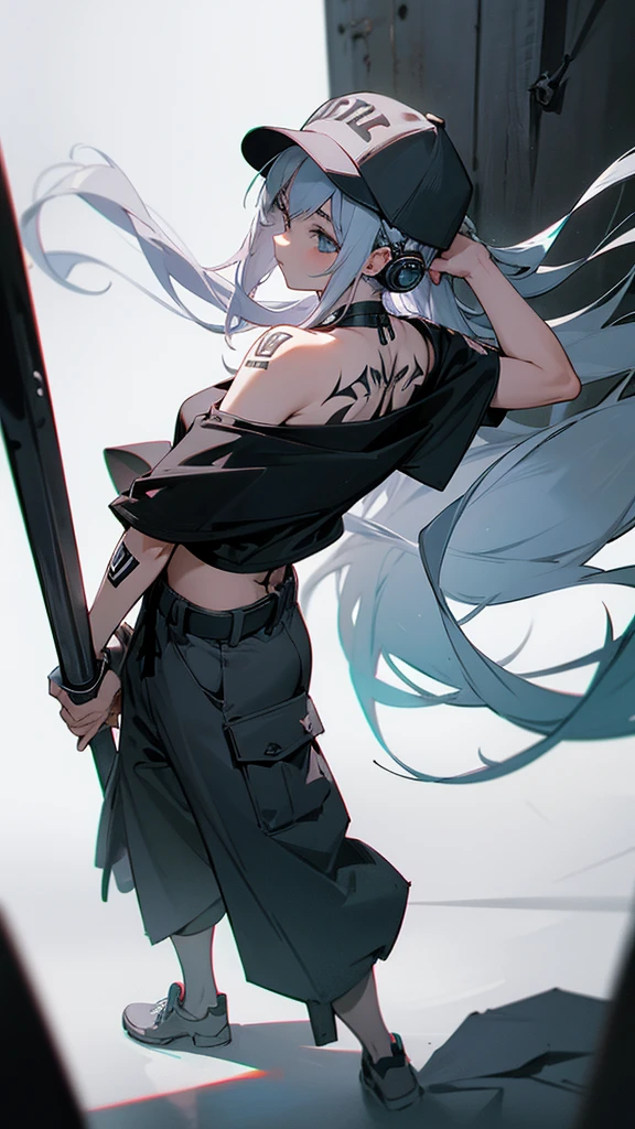 “Create a high-resolution image of a character with long silver hair wearing a cap. The character’s hair is tied and falling down from the back of the cap. They are dressed in an off-shoulder black shirt with the word ‘ROCK’ in white letters on the chest. The character has tattoos on their arm and is wearing loose-fitting gray cargo pants. They are also wearing headphones. The background is a dimly lit alleyway.”