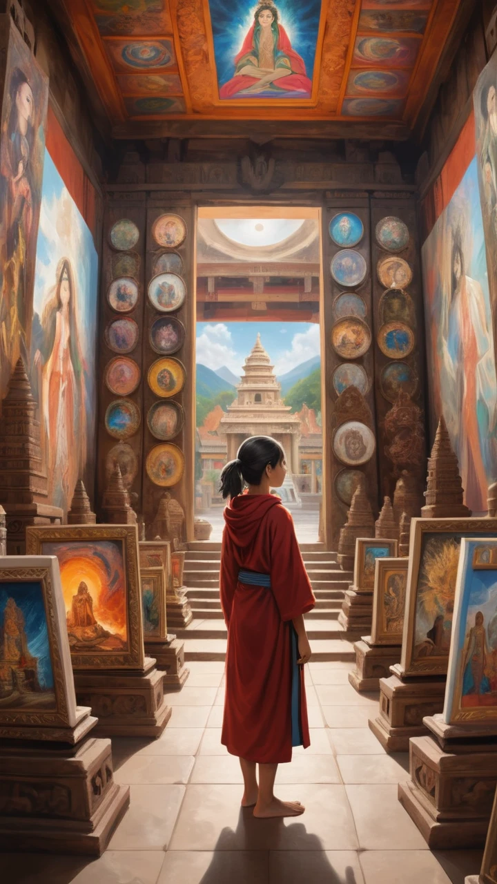 A person stands in a temple, surrounded by paintings that depict their past lives. They have just realized that they are a guardian who has lived countless lives to protect this world. The person's eyes are filled with determination and purpose.