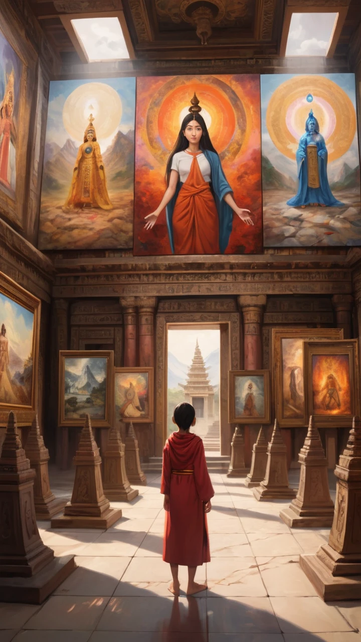A person stands in a temple, surrounded by paintings that depict their past lives. They have just realized that they are a guardian who has lived countless lives to protect this world. The person's eyes are filled with determination and purpose.