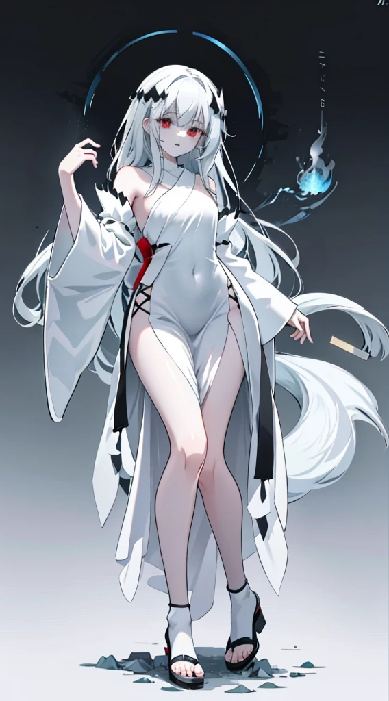 Drawing of a fox with white hair sitting on a branch, ethereal fox, nine-tailed fox, fox three-tailed fox, onmyoji detailed art, nine-tailed, beautiful artwork illustration, mythological creature, fox, beautiful Digital artwork, exquisite digital illustrations, mizutsune, inspired by mythical creatures Wildnet, digital art on pixiv, strong light, high contrast, horror movie theme, dark atmosphere