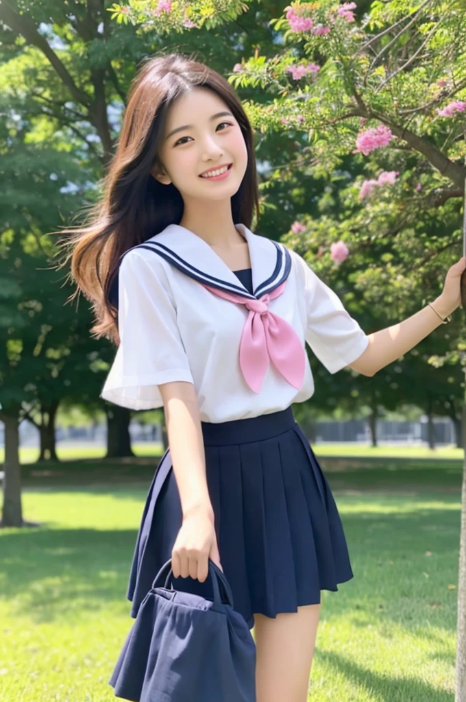 Image resolution 8K、masterpiece:1.3)、Beauty、1 female、(魅力的なbody:1.2)、abdomen:1.1、Dark Brown Hair:1.1、(body:1.2)、Ultra-detailed face、Attractive lips、double eyelid、Super realistic and detailed super cute in a white short sleeved zippered sailor suit and pink skirt、Japanese 、Japanese women、10th generation(17 years old)、Smiling with a nice smile、Hair fluttering in the wind、Playing with a cute puppy on the grass in the park、