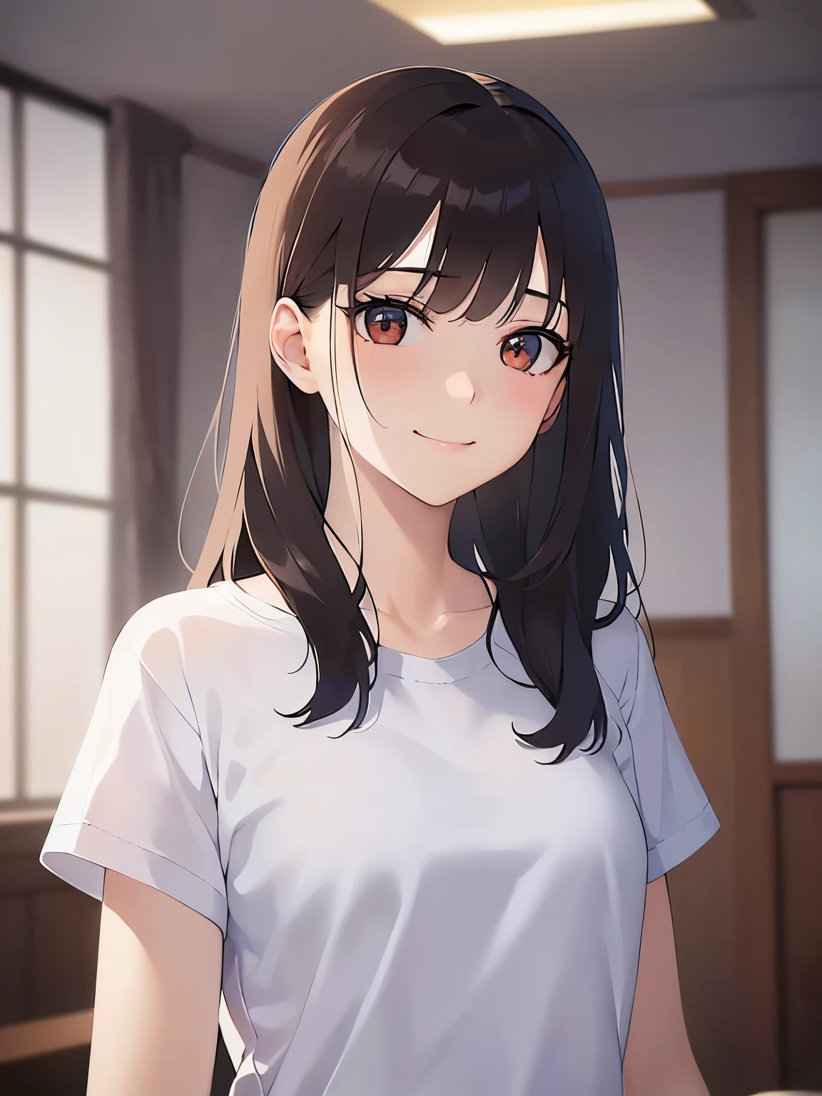 hand up, Realistic, real person, (pale skin: 1.2), upper body, RAW photo, photorealistic, shiny skin, shiny hair、(A 25-year-old woman with medium-length hair and bangs) and (wavy hair) and (brown hair) and (Orange Eyes) , (White T-shirt) 、(sad smile:1.5), The background is a hospital room.、Alone、Are standing