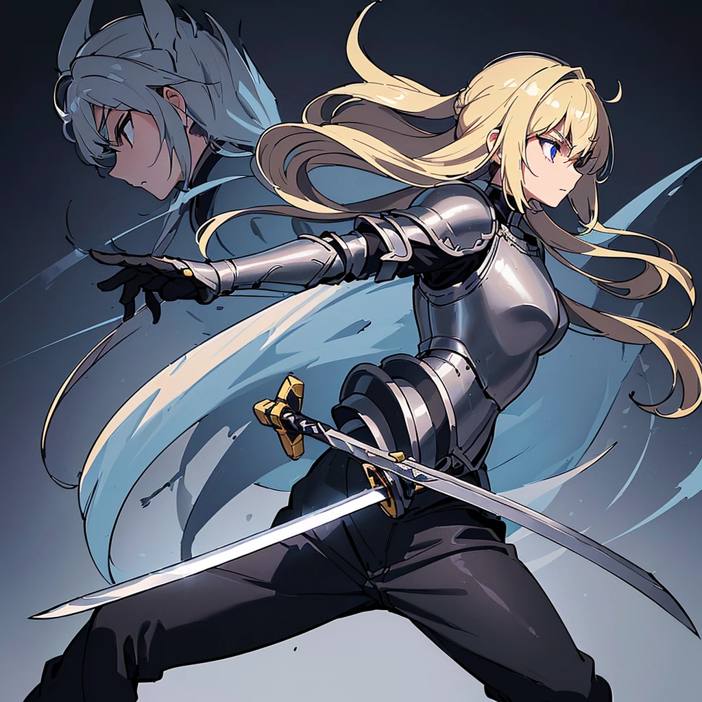 (((Solo)))、Highest quality, Best Quality、(Full body character concept、detailed)、(((Gray simple armor、Black trousers、Black gloves))、(woman、18-year-old)、(Blonde、Long Hair)、(((kill、Grab the sword)))、(Glowing light background)、(Fighting stance, battle)、Dramatic Angle、(Blue and yellow aura)、(From the side、profile)