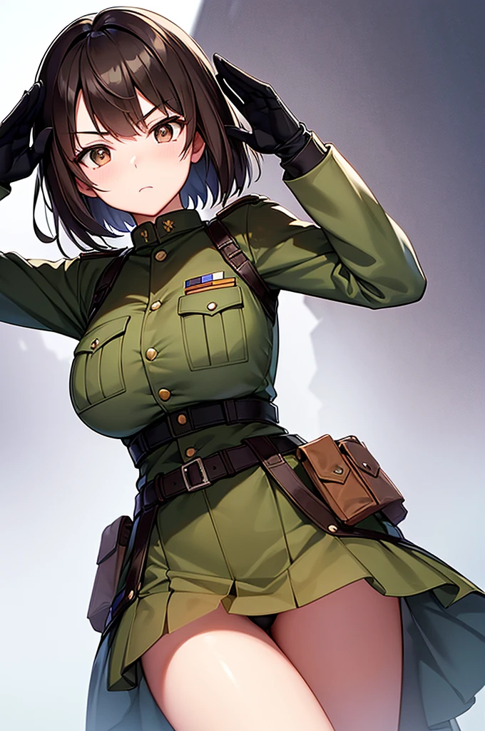 Content:
A black, adult female general with brown hair and brown eyes. Her uniform takes loose inspiration from German military uniform. She is saluting to the camera with a confident look in her eyes. She looks serious. Her left hand is behind her back. She is BLACK!!!! BLACK! Please make sure she has black skin

Medium:
Digital art, anime illustration.

Lighting:
Soft, natural lighting to emphasize her features and the details of her uniform, creating a balanced and realistic look.

Colours:
A palette of military greens and browns, with subtle highlights to bring out the texture of the uniform and the character's features. The background is a desert setting.

Composition:
A full-body shot, showcasing the character's mature look. She stands confidently, with her hand raised in a salute, and the desert landscape in the background.