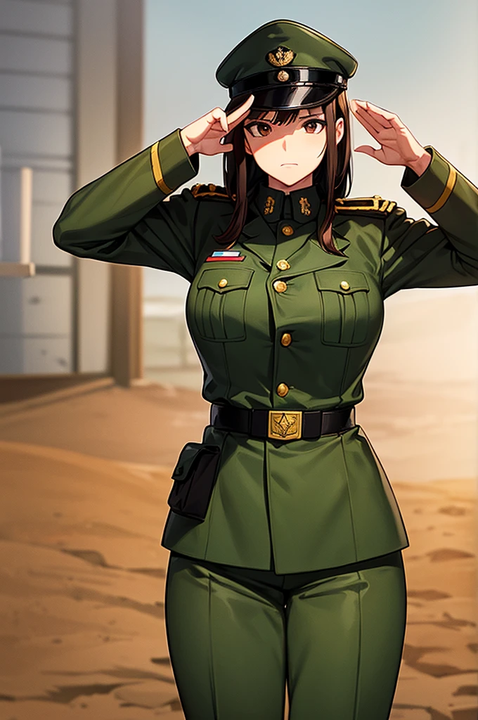 Content:
A black, adult female general with brown hair and brown eyes. Her uniform takes loose inspiration from German military uniform. She is saluting to the camera with a confident look in her eyes. She looks serious. Her left hand is behind her back. She is BLACK!!!! BLACK! Please make sure she has black skin
Medium:
Digital art, anime illustration.
Lighting:
Soft, natural lighting to emphasize her features and the details of her uniform, creating a balanced and realistic look.
Colours:
A palette of military greens and browns, with subtle highlights to bring out the texture of the uniform and the character's features. The background is a desert setting.
Composition:
A full-body shot, showcasing the character's mature look. She stands confidently, with her hand raised in a salute, and the desert landscape in the background.