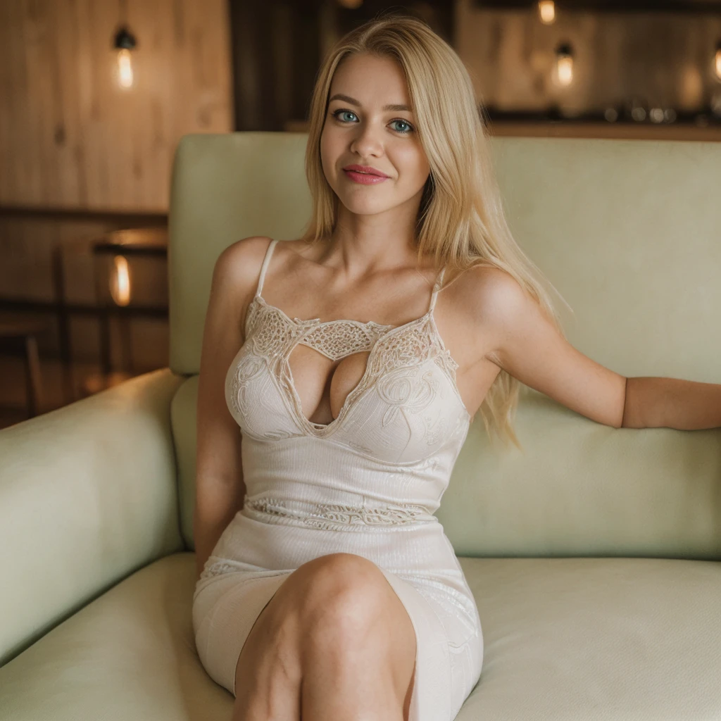 1girl, photorealistic, (((ugly face:1.5))), (((photorealistic))), (((raw photo in sequence))), (((natural lights))), (((detailed no blur background))), (((26 to 35 years old))), (((upper body AND UPPER LEGS, happy))), (((detailed face))), photo_(medium), realistic, (((Caucasian woman))), (((long white blonde hair))), (((Caucasian nose))), (((Caucasian green eyes))), (((Caucasian face))), (((Caucasian lips))), (((sexy body))), (((ultra-wide shot))), candid shot, (((leaning on a elegant COUCH and wearing a bodycon dress inside a restaurant)))