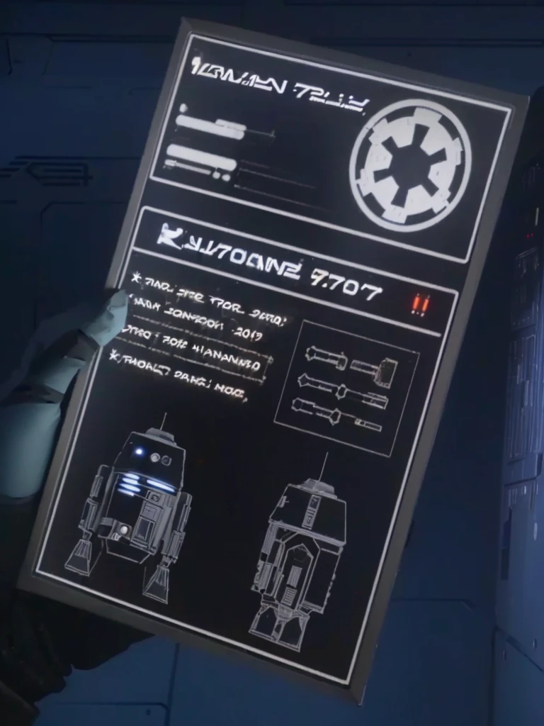 someone holding a Star Wars poster in their hand, an imperial agent from Star Wars, design schemes, from Star Wars, markings on the robot, do mandaloriano (2019), star wars imperial style, from Star Wars (1977), found schematic in a notebook, movie screenshot from Star Wars, sci fi data readouts