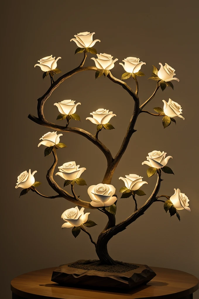 A sculpture in the shape of a rose branch with lighting