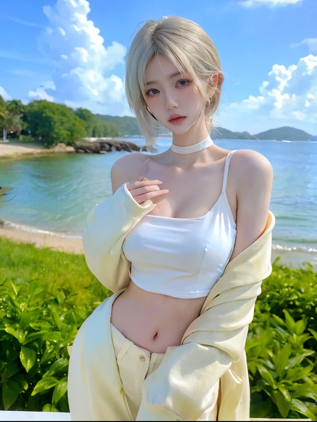 Beautiful woman with perfect figure:1.4，beach，Layered Hairstyle，White skin，Prominent cleavage，White bikini:1.5，White ultra-short pleated skirt，whole body，Very delicate face and skin texture，Double eyelids，Skin Whitening，Long white hair