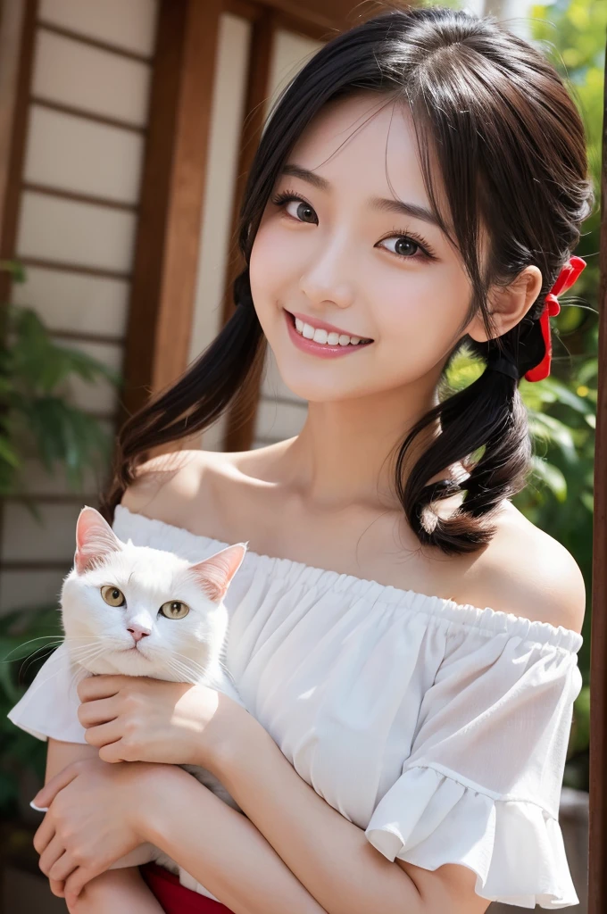 最high quality,Very detailed,finely,High resolution,8K壁紙,Perfect dynamic composition,Young Japanese Woman,Age 25, Black Hair, thin, 4K, 8K, high quality, beauty, smile, White teeth,Beautiful Eyes, Characterized by simplicity, High resolution,1 person,Japanese Idols,Large Breasts,Twin tails,Landmine Makeup,Red cheeks,Off the shoulder,Holding a cat,White Cat