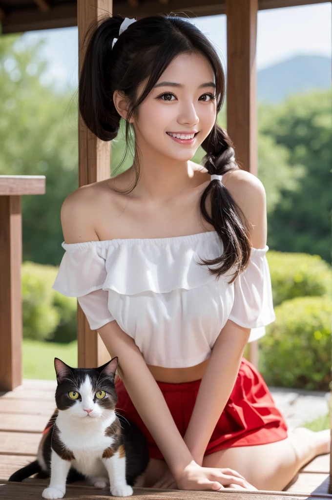 最high quality,Very detailed,finely,High resolution,8K壁紙,Perfect dynamic composition,Young Japanese Woman,Age 25, Black Hair, thin, 4K, 8K, high quality, beauty, smile, White teeth,Beautiful Eyes, Characterized by simplicity, High resolution,1 person,Japanese Idols,Large Breasts,Twin tails,Landmine Makeup,Red cheeks,Off the shoulder,Holding a cat,White Cat