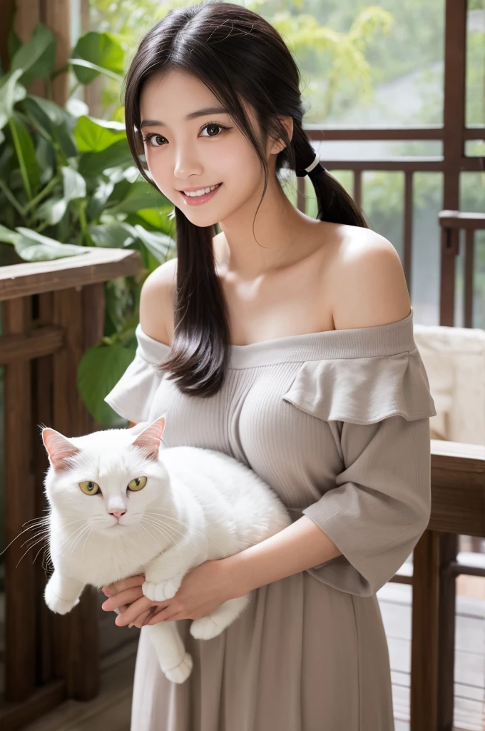 最high quality,Very detailed,finely,High resolution,8K壁紙,Perfect dynamic composition,Young Japanese Woman,Age 25, Black Hair, thin, 4K, 8K, high quality, beauty, smile, White teeth,Beautiful Eyes, Characterized by simplicity, High resolution,1 person,Japanese Idols,Large Breasts,Twin tails,Landmine Makeup,Red cheeks,Off the shoulder,Holding a cat,White Cat