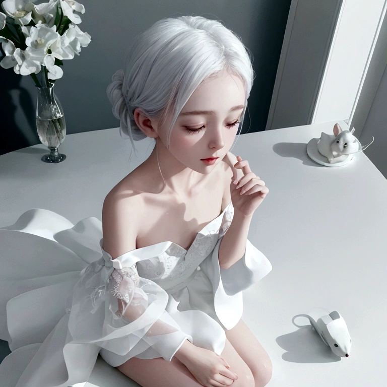 from front, portrait, from above, High resolution, high definition, ultra detailed, 4k, 8k, super masterpiece, BJD and a small white mouse are staring at each other, BJD is modeled after a beautiful 18-year-old woman, life size, Joints in the body are mechanical, BJD are battery powered, BJD are beautiful like sculptures, Hard white porcelain skin that shines white, BJD is sitting on a chair and looking at a white mouse, no makeup, white chignon hair, large glass eyes, Sleeveless white off-shoulder dress with elegant drape and beautiful embroidery, bisque doll, The white mouse is so small that she can wrap it in her hands, The small white mouse stands on two legs on the table, Beautiful fur of a realistic small white mouse, dreamy, aesthetic, gothic style, fantasy,
