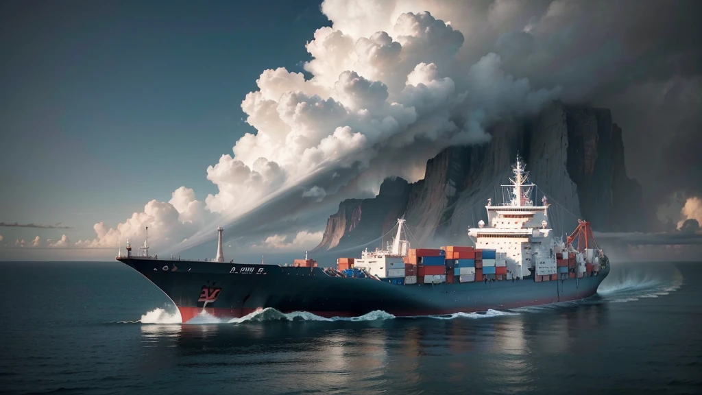 Create an illustration of a cargo ship at sea. The background should show the cargo ship sailing with other ships also in navigation. In the sky above, include satellites to demonstrate how GNSS technology helps optimize navigation, promote efficient resource use, and monitor operator behavior, thereby reducing accidents and ensuring the health of ships and equipment. The photo angle should be from the left or right side, not the front, showcasing technology, innovation, and safety. No text should be included on the image. The style should be natural, minimalist, sci-fi, bright, and with natural colors.