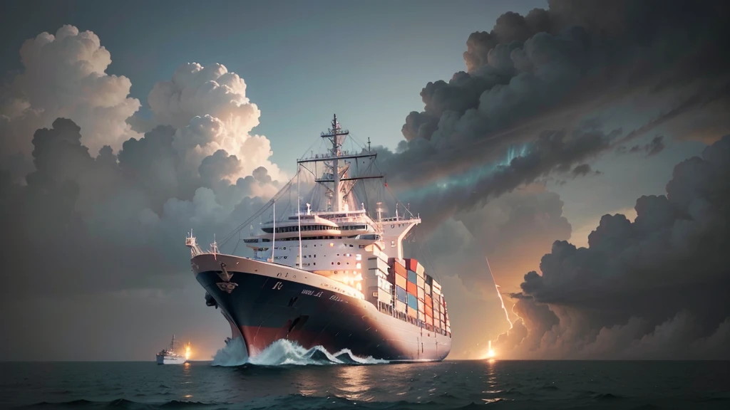 Create an illustration of a cargo ship at sea. The background should show the cargo ship sailing with other ships also in navigation. In the sky above, include satellites to demonstrate how GNSS technology helps optimize navigation, promote efficient resource use, and monitor operator behavior, thereby reducing accidents and ensuring the health of ships and equipment. The photo angle should be from the left or right side, not the front, showcasing technology, innovation, and safety. No text should be included on the image. The style should be natural, minimalist, sci-fi, bright, and with natural colors.