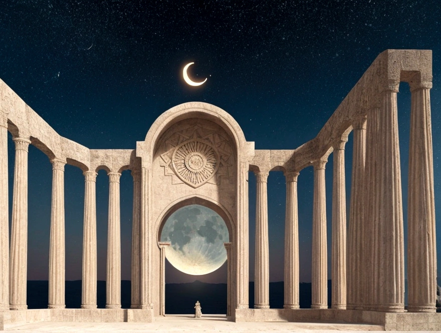 Majestic gate and pillars, Sun, Moon and Stars, In heaven, masterpiece, Highest quality