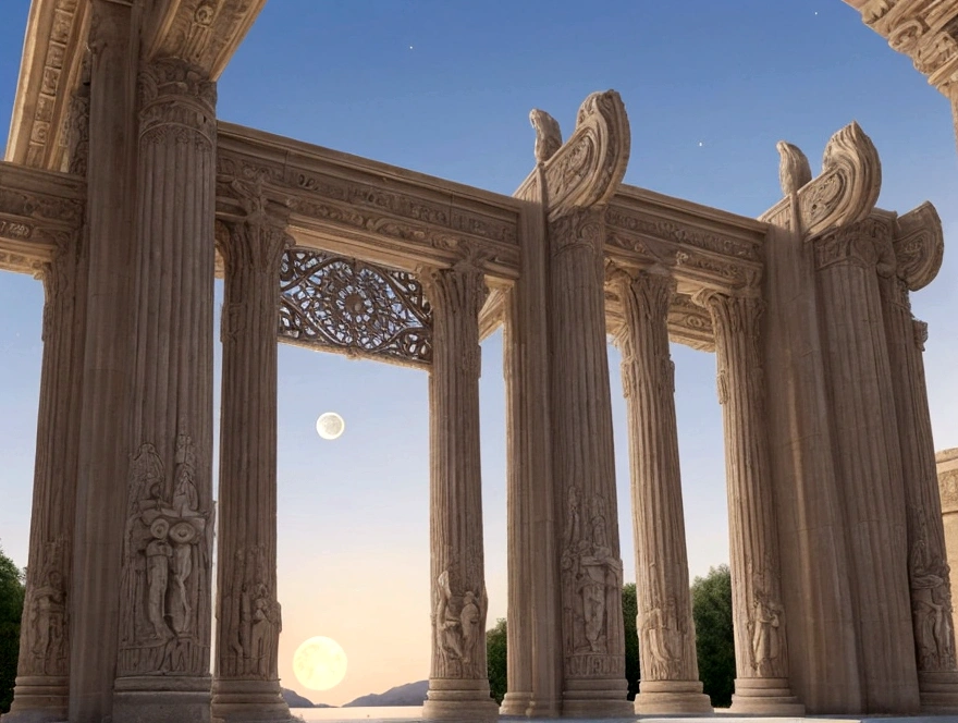 Majestic gate and pillars, Sun, Moon and Stars, In heaven, masterpiece, Highest quality