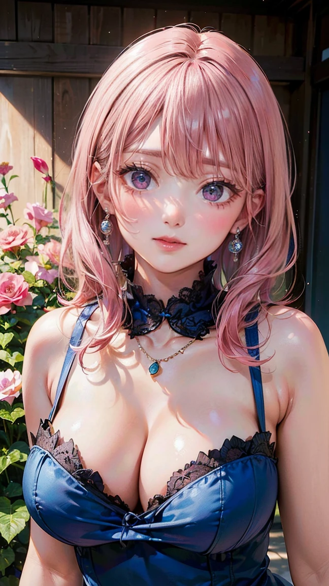 (Masterpiece, BestQuality:1.3), (ultra detailed:1.2), (hyperrealistic:1.3), (RAW photo:1.2), High detail RAW color photo, professional photograph, (Photorealistic:1.4), (realistic:1.4), professional lighting, perfect , (Big Breasts:1.2), (blush, detailed face), (cheerful Smile:1.5), Trending Hair&Trending Hairカラーをランダムに, earrings, necklace, bracelet, sexly,  sexly, Random sexy gravure poses, (A beautiful pink-haired woman in a blue dress、Smiling and posing sexy while enjoying the flowers at the flower festival。:1.3)