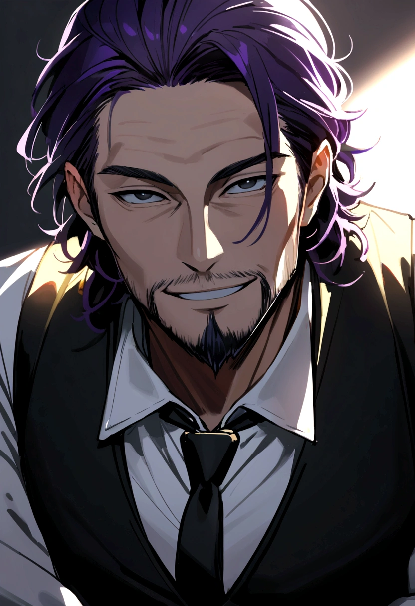 40 years old man, short purple hair parted in two, black eyes, sly eyes, smiling mouth, black goatee and beard, wearing black long-sleeved vest, white shirt, black tie, gold buttons.