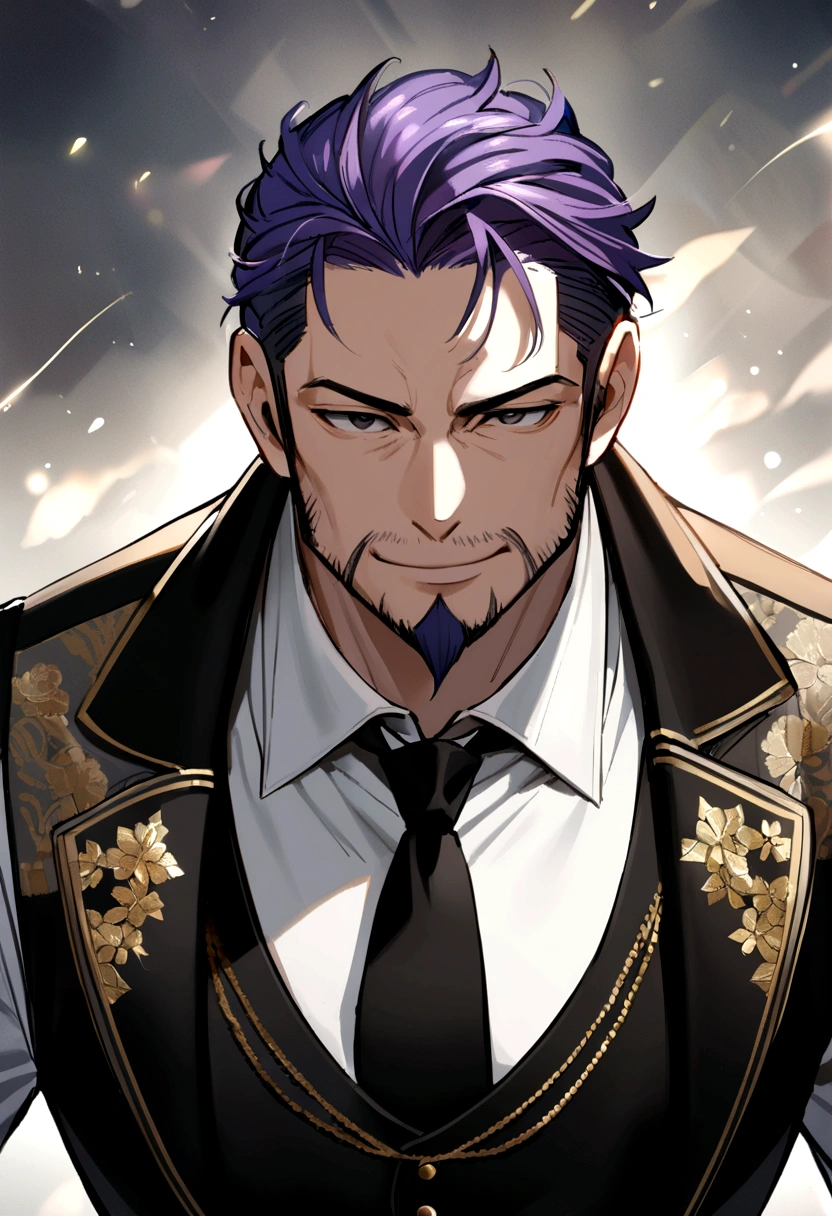 40 years old man, short purple hair parted in two, black eyes, sly eyes, smiling mouth, black goatee and beard, wearing black long-sleeved vest, white shirt, black tie, gold buttons.