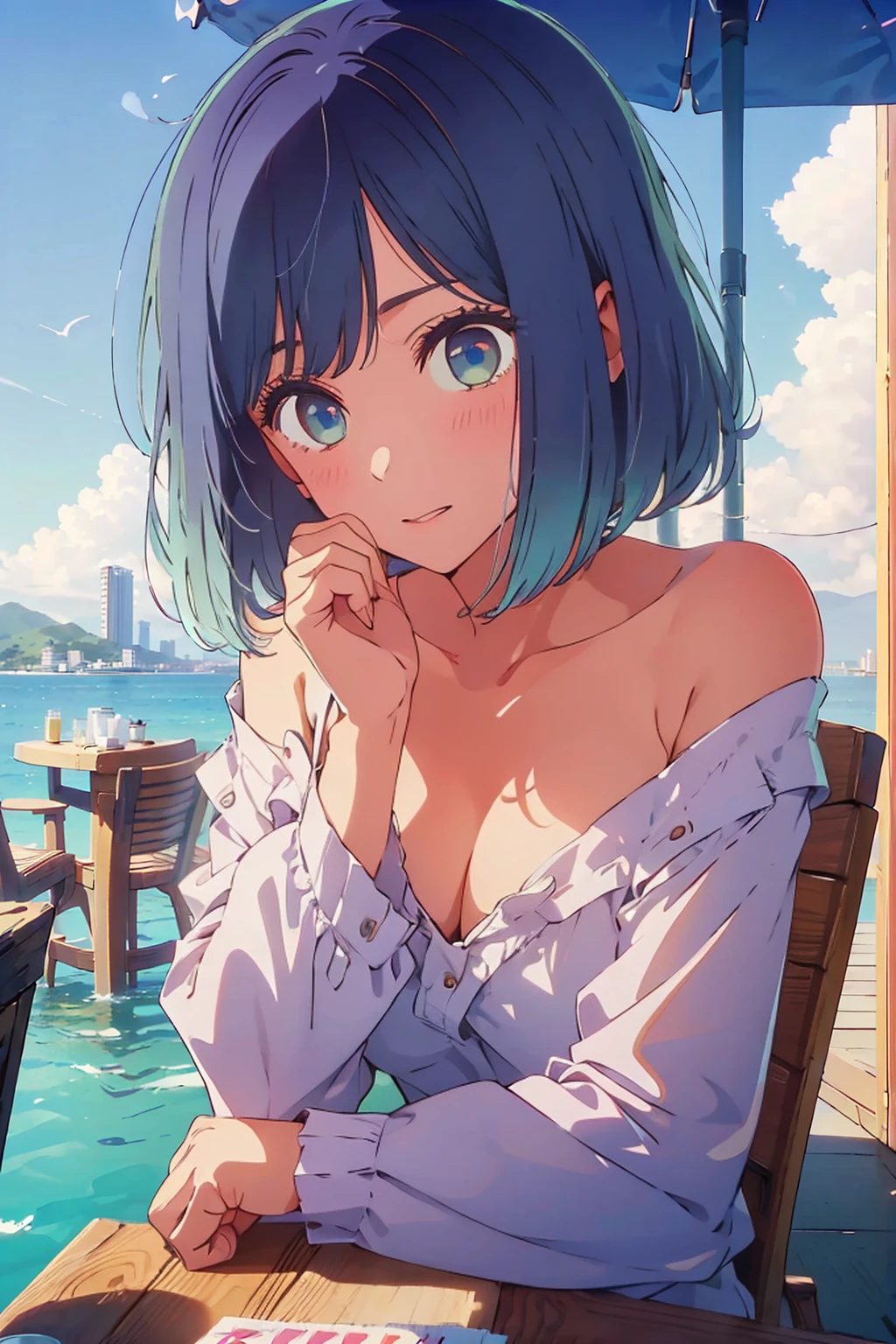 (Highest quality:1.4、8K:1.4、detailed)、F cup bust、Big Breasts、Slim body、Very white beautiful skin、((((1 person、Surprised expression、sit、Chair、In the background are the urban buildings of Tokyo、looking at the camera、Outdoor café terrace、coastal、Navy hair color、juice、Shooting up close、table、Very cute face))))、(Pose of putting hair behind ears with hands:1.4）、((((Areola、Off the shoulder))))、nude、Nipples、Very blue sky、A completely cloudless sky