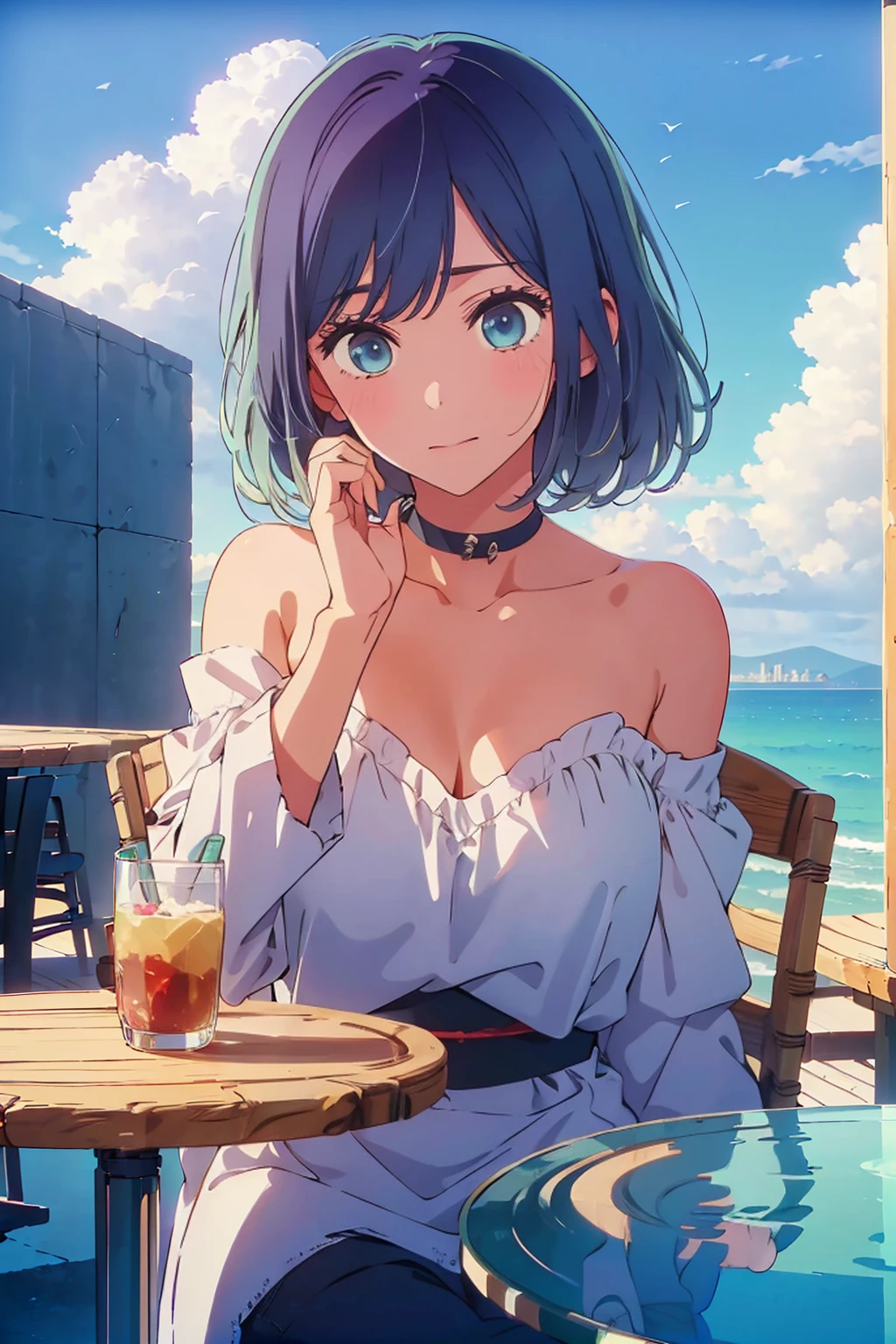 (Highest quality:1.4、8K:1.4、detailed)、F cup bust、Big Breasts、Slim body、Very white beautiful skin、((((1 person、Surprised expression、sit、Chair、In the background are the urban buildings of Tokyo、looking at the camera、Outdoor café terrace、coastal、Navy hair color、juice、Shooting up close、table、Very cute face))))、(Pose of putting hair behind ears with hands:1.4）、((((、Off the shoulder))))、、、Very blue sky、A completely cloudless sky