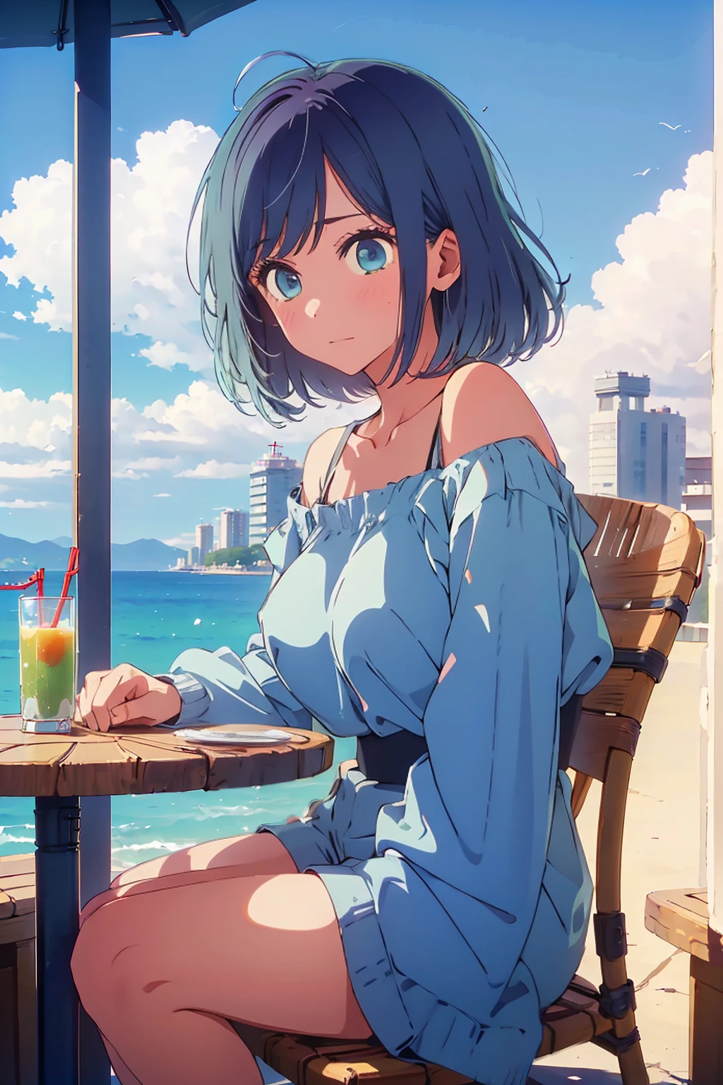 (Highest quality:1.4、8K:1.4、detailed)、F cup bust、Big Breasts、Slim body、Very white beautiful skin、((((1 person、Surprised expression、sit、Chair、In the background are the urban buildings of Tokyo、looking at the camera、Outdoor café terrace、coastal、Navy hair color、juice、Shooting up close、table、Very cute face))))、(Pose of putting hair behind ears with hands:1.4)、((((Areola、Off the shoulder))))、nude、Nipples、Very blue sky、A completely cloudless sky