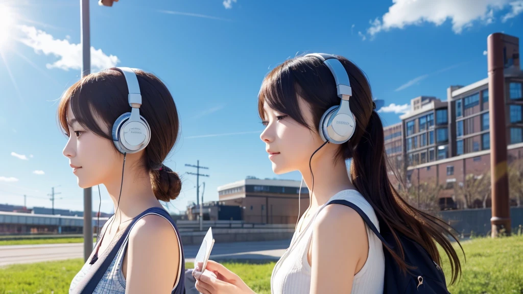 Beautiful girl studying while listening to music with headphones。Please make it an anime-like illustration.。A train is running in the background。The weather is sunny。