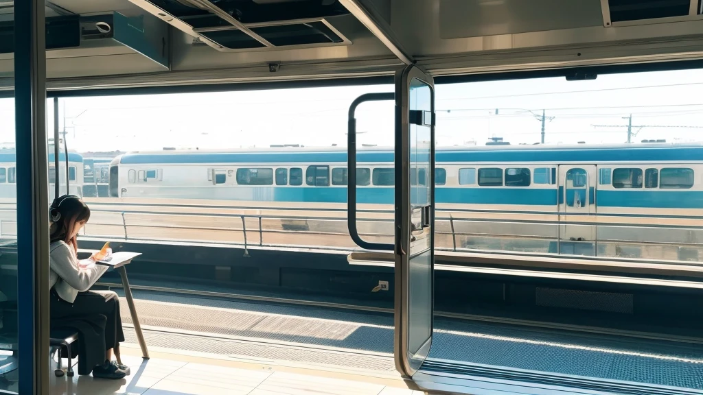 Beautiful girl studying while listening to music with headphones。Please make it an anime-like illustration.。A train is running in the background。The weather is sunny。