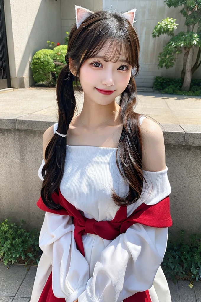 最high quality,Very detailed,finely,High resolution,8K壁紙,Perfect dynamic composition,Young Japanese Woman,Age 25, Black Hair, thin, 4K, 8K, high quality, beauty, smile, White teeth,Beautiful Eyes, Characterized by simplicity, High resolution,1 person,Japanese Idols,Large Breasts,Twin tails,Landmine Makeup,Red cheeks,Off the shoulder,Holding a cat,White Cat