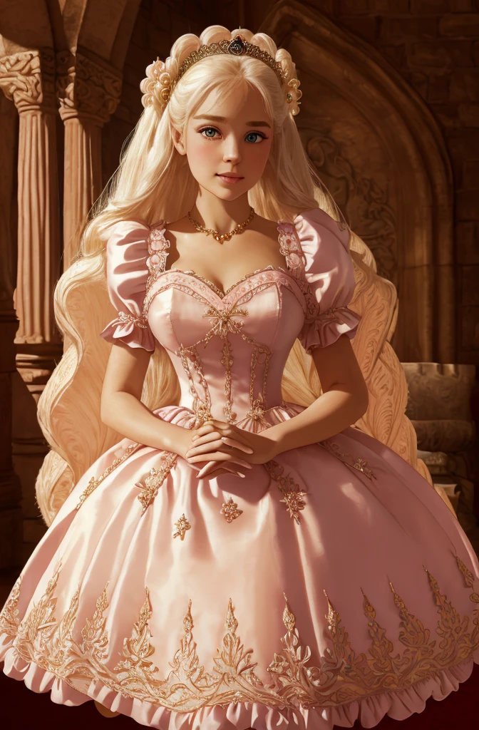 White Blonde hair, fluffy hair, stylish hair, long hair, lilac eyes, perfect eyes, beautiful, perfect face, tween, dainty , short, kind, curvy, a flowing pale airy gown with ruffles along the bottom with tiny pink flowers and gold dragon embroideries with flowers, Her tiara had a pretty teal gemstones, silver necklace, noble class, royal, royalty, red castle, feasting hall, medieval, elegant surroundings, soft dewy makeup look, light peach blush, soft tan eyeshadow, light coral lipstick, cutesy, girlish, girly, guileless, ingénue, princess , whimsical lighting, Targaryen, dragons in the sky, photorealistic
