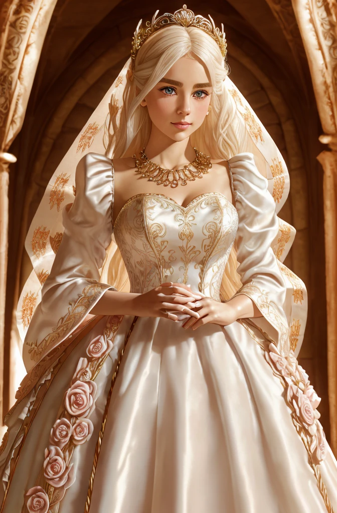 ((masterpiece, best quality,edge quality)) beautiful Arginine_miss,Arginine_Body,Arginine_Face, 芭比Face蛋，a miss with long hair [Pink prom dress|edge marquise], edge marquise, a miss with a blonde wig and a pearl necklace ,with a edge marquise_hairstyle, wearing a ballgown