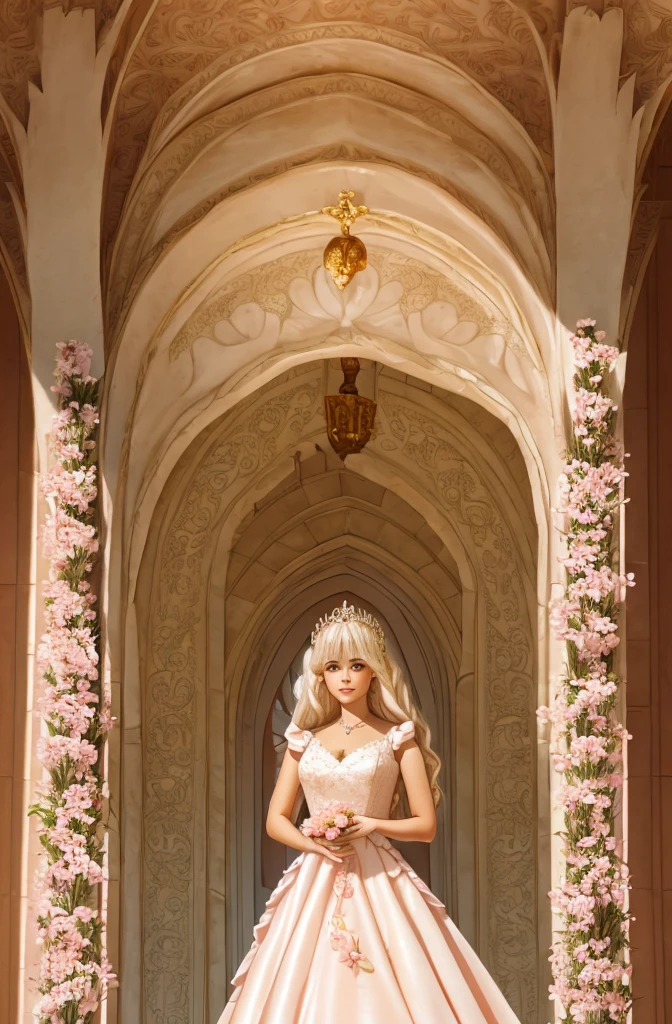 White Blonde hair, fluffy hair, stylish hair, long hair, lilac eyes, perfect eyes, beautiful, perfect face, tween, dainty , short, kind, curvy, a flowing pale airy gown with ruffles along the bottom with tiny pink flowers and gold dragon embroideries with flowers, Her tiara had a pretty teal gemstones, silver necklace, noble class, royal, royalty, red castle, feasting hall, medieval, elegant surroundings, soft dewy makeup look, light peach blush, soft tan eyeshadow, light coral lipstick, cutesy, girlish, girly, guileless, ingénue, princess , whimsical lighting, Targaryen, dragons in the sky, photorealistic