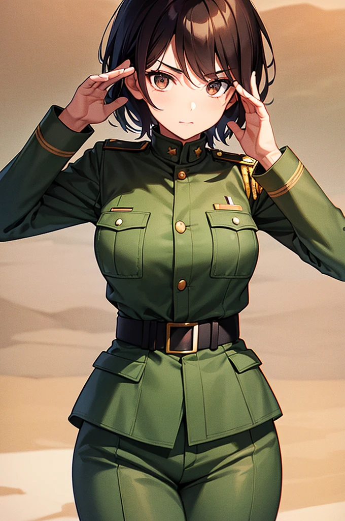 Content:
A black, adult female general with brown hair and brown eyes. Her uniform takes loose inspiration from German military uniform. She is saluting to the camera with a confident look in her eyes. She looks serious. Her left hand is behind her back. She is BLACK!!!! BLACK! Please make sure she has black skin. Has a mature face.
Medium:
Digital art, anime illustration.
Lighting:
Soft, natural lighting to emphasize her features and the details of her uniform, creating a balanced and realistic look.
Colours:
A palette of military greens and browns, with subtle highlights to bring out the texture of the uniform and the character's features. The background is a desert setting.
Composition:
A full-body shot, showcasing the character's mature look. She stands confidently, with her hand raised in a salute, and the desert landscape in the background.