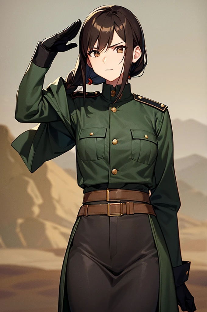 Content:
A black, adult female general with brown hair and brown eyes. Her uniform takes loose inspiration from German military uniform. She is saluting to the camera with a confident look in her eyes. She looks serious. Her left hand is behind her back. She is BLACK!!!! BLACK! Please make sure she has black skin. Has a mature face.
Medium:
Digital art, anime illustration.
Lighting:
Soft, natural lighting to emphasize her features and the details of her uniform, creating a balanced and realistic look.
Colours:
A palette of military greens and browns, with subtle highlights to bring out the texture of the uniform and the character's features. The background is a desert setting.
Composition:
A full-body shot, showcasing the character's mature look. She stands confidently, with her hand raised in a salute, and the desert landscape in the background.