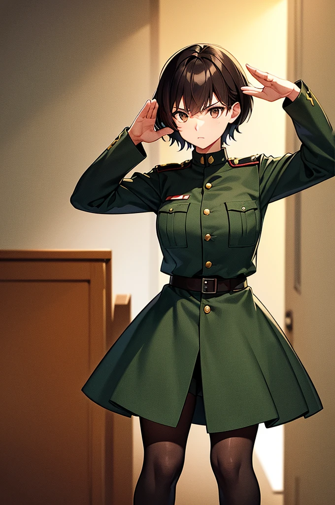 Content:
A black, adult female general with brown hair and brown eyes. Her uniform takes loose inspiration from German military uniform. She is saluting to the camera with a confident look in her eyes. She looks serious. Her left hand is behind her back. She is BLACK!!!! BLACK! Please make sure she has black skin. Has a mature face.
Medium:
Digital art, anime illustration.
Lighting:
Soft, natural lighting to emphasize her features and the details of her uniform, creating a balanced and realistic look.
Colours:
A palette of military greens and browns, with subtle highlights to bring out the texture of the uniform and the character's features. The background is a desert setting.
Composition:
A full-body shot, showcasing the character's mature look. She stands confidently, with her hand raised in a salute, and the desert landscape in the background.