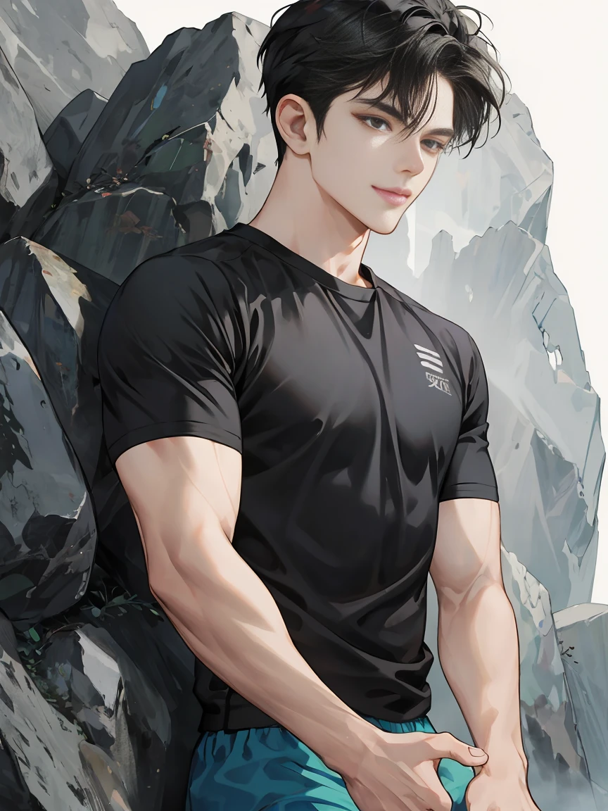 modern, anime style, chiaroscuro, UHD, masterpiece, anatomically correct, textured skin, high details, super detail, best quality, (extreamly delicate and beautiful:1.2), 8K, (tmasterpiece, best:1.0), One male that very short black hair, short black Quiff hair with Soft Fringe, bangs part on side 5:5 ratio,  wearing a loose rock-style grey and blackShort sleeve, (((sports style))), Looking to the right, displaying a sly smile, Korean illustration style.