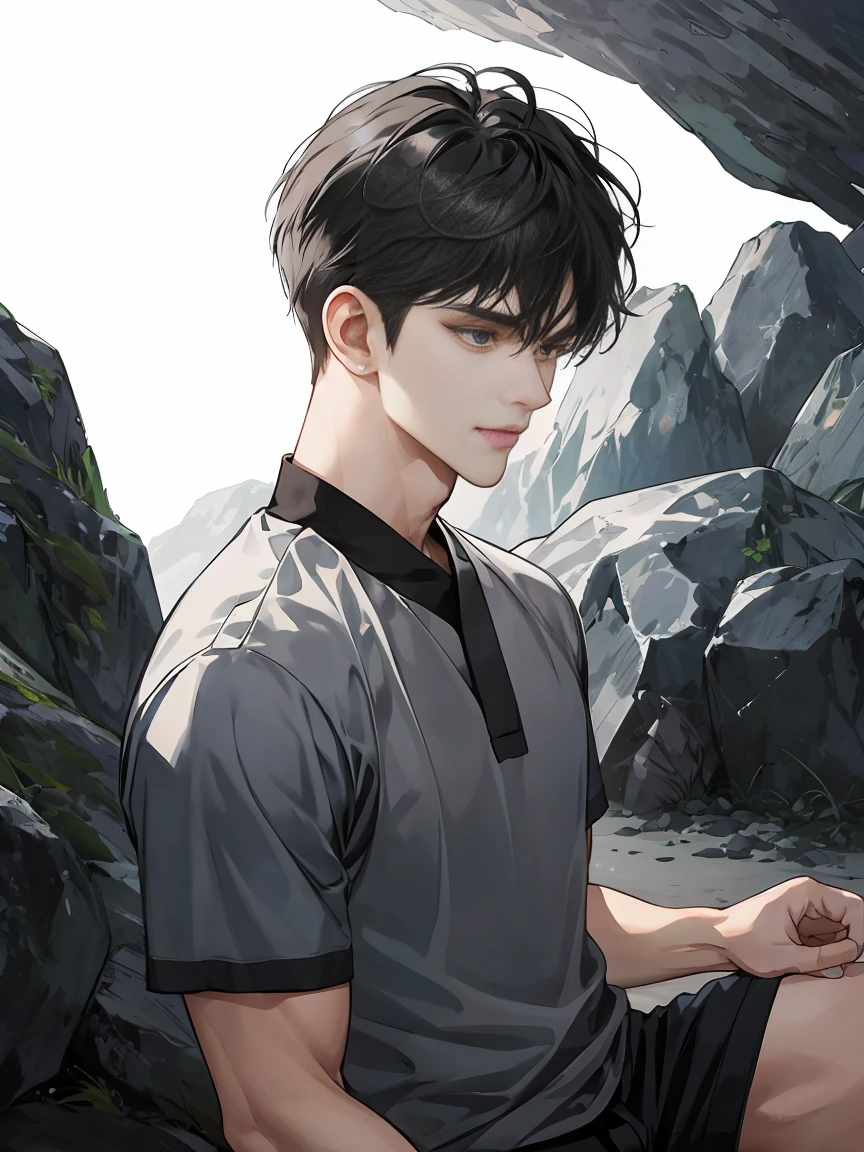 modern, anime style, chiaroscuro, UHD, masterpiece, anatomically correct, textured skin, high details, super detail, best quality, (extreamly delicate and beautiful:1.2), 8K, (tmasterpiece, best:1.0), One male that very short black hair, short black Quiff hair with Soft Fringe, bangs part on side 5:5 ratio,  wearing a loose rock-style grey and blackShort sleeve, (((sports style))), Looking to the right, displaying a sly smile, Korean illustration style.