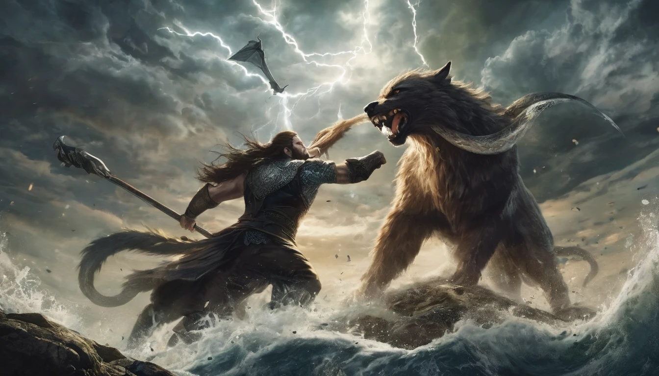 wallpaper,32k,Ragnarok(Ragnarök),fighting:Odin versus the giant wolf Fenrir(fenrir),Thor, the god of thunder(Thor)Fighting the World Serpent Jörmungandr(jormungandr),Eventually most gods and creatures will die.,Norse mythology
