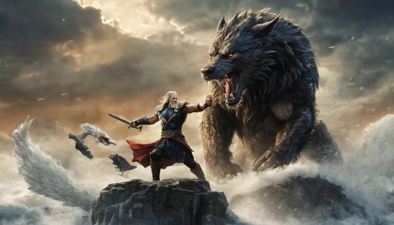 wallpaper，32k，Ragnarok（Ragnarök），fighting：Odin versus the giant wolf Fenrir（fenrir），Thor, the god of thunder（Thor）Fighting the World Serpent Jörmungandr（jormungandr），Eventually most gods and creatures will die.，Norse mythology