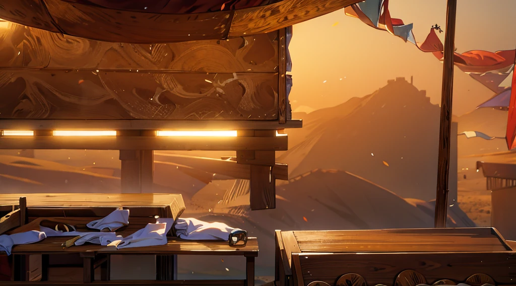 traditional market, market stall, (market tens), wooden box, wooden table, (sand ground, sand hill behind the stall), dawn time, early morning,