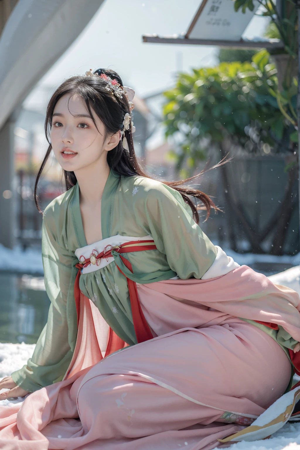 best quality, masterpiece, photorealistic, ultra realistic, RAW photo, wearing beautiful red and green tang hanfu, Fair skin, 1. Beautiful Girls，Please close your mouth and laugh，happy, Winters，23-year-old woman，high quality，looking at the camera，Facing the audience，snow day，Real person，Beautiful and delicate girl, running、 Highly detailed eyes and face，Fine details，Unity,8k wallpaper,Real person，Have
