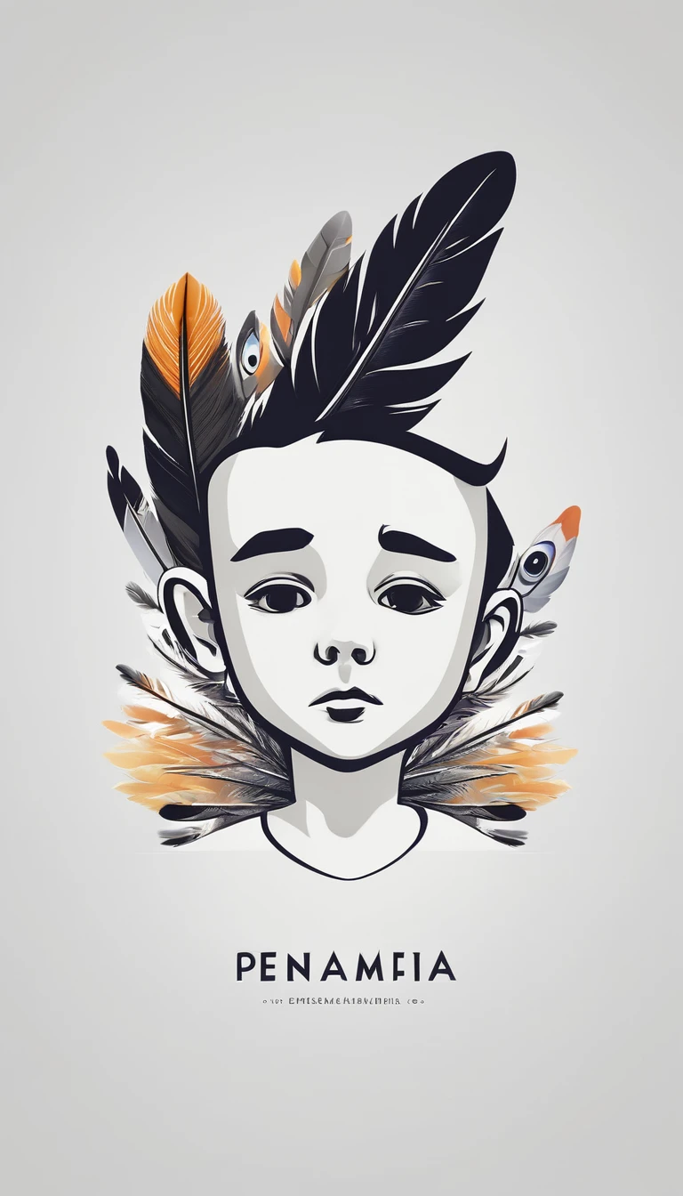 Create a minimal, modern, simple, inspirational, fantastic, poetic, epic, original, memorable, dream like, cinematic logo design of a dreamer boy and a cinematic, memorable white fantastic feather for the brand “Penamemoria". The logo design must convey the artistic, fantastic, epic inspiration of a dreamer boy in a unique, fantasy cinematic white feather.
