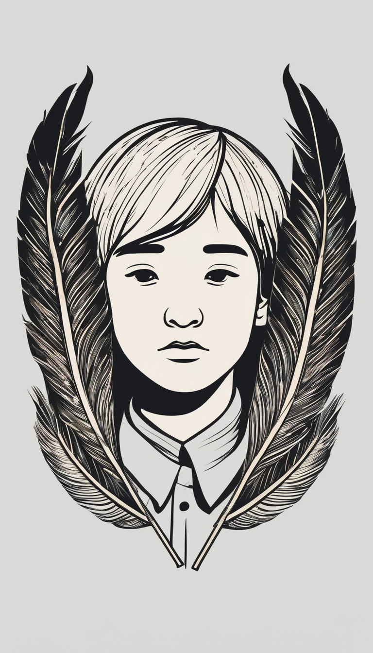 A minimal, modern, simple, cinematic logotype of a boy with a head full of feathers for the brand “Penamemoria".