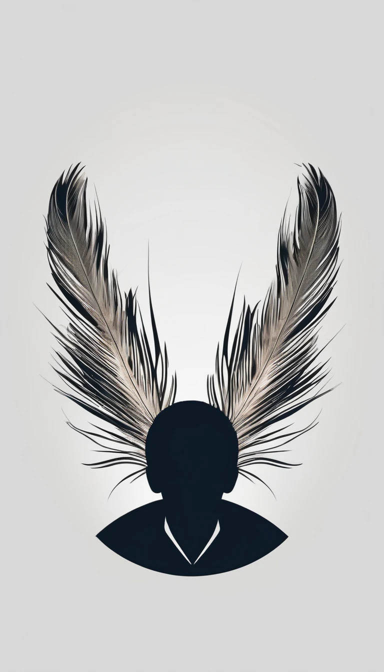 A minimal, modern, simple, cinematic logotype of a boy with a head full of feathers for the brand “Penamemoria".