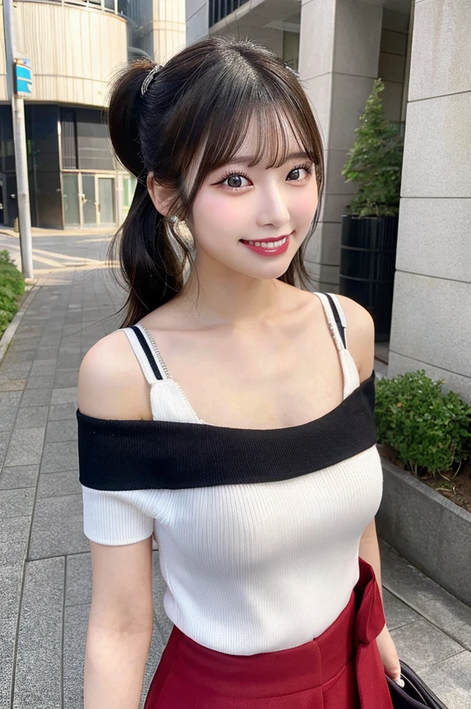 最high quality,Very detailed,finely,High resolution,8K壁紙,Perfect dynamic composition,Young Japanese Woman,Age 25, Black Hair, thin, 4K, 8K, high quality, beauty, smile, White teeth,Beautiful Eyes, Characterized by simplicity, High resolution,1 person,Japanese Idols,Large Breasts,Twin tails,Landmine Makeup,Red cheeks,Off the shoulder,Walking the dog