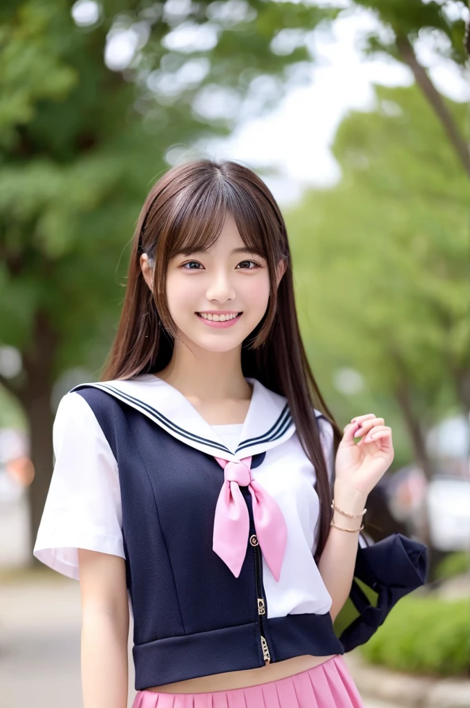 Image resolution 8K、masterpiece:1.3)、Beauty、1 female、(魅力的なbody:1.2)、abdomen:1.1、Dark Brown Hair:1.1、(body:1.2)、Ultra-detailed face、Attractive lips、double eyelid、Super realistic and detailed super cute in a white short sleeved zippered sailor suit and pink skirt、Japanese 、Japanese women、10th generation()、Smiling with a nice smile、Hair fluttering in the wind、
