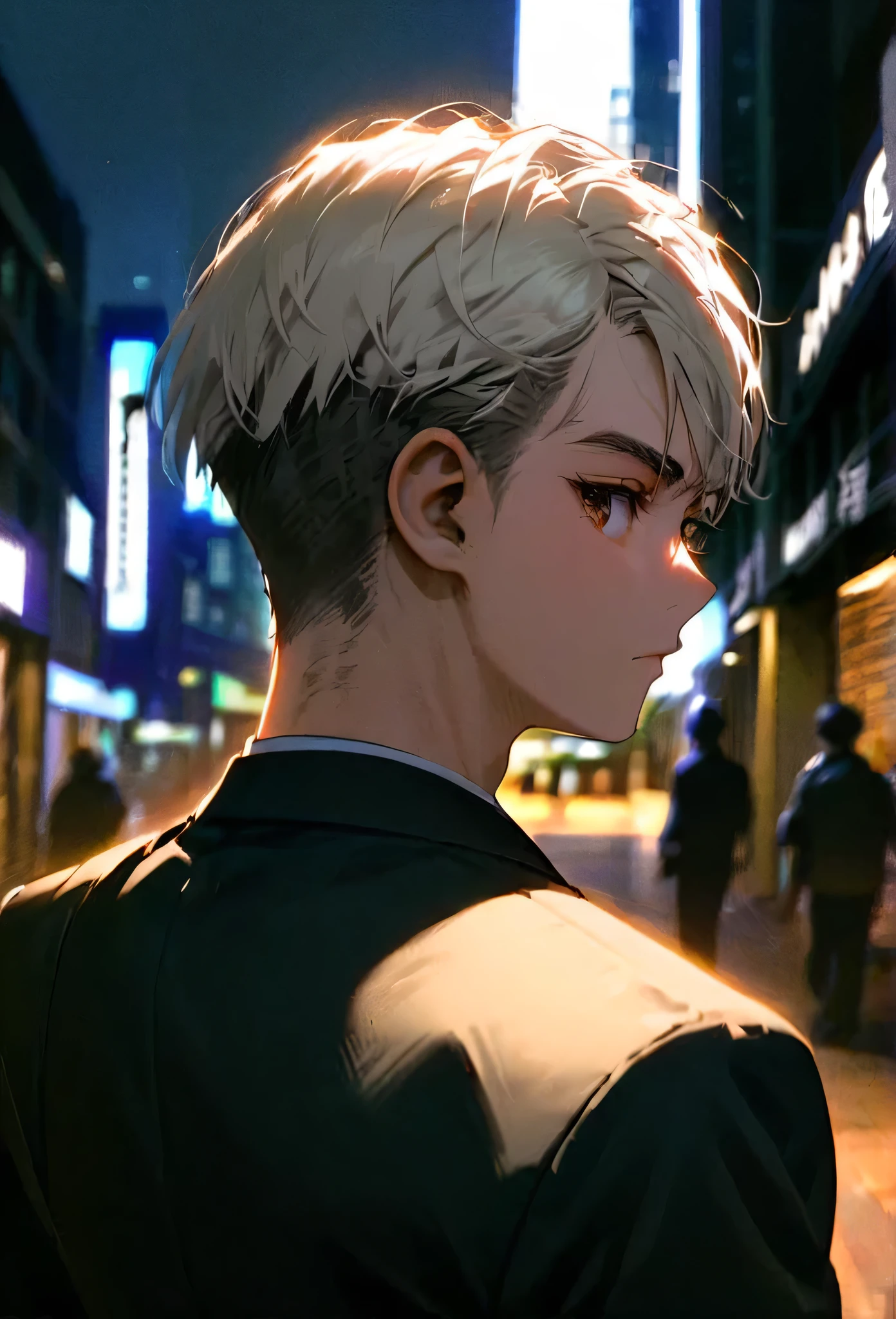 Half body portrait of a young man  ,white hair,short Undercut, brown eyes, wears an all black suit. Stand and look back. Look back. Half-body image. Look back.  city view background  